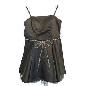 Seni & Cade Black Satin Rhinestone Bow Mini Dress Tulle Trim Medium LBD